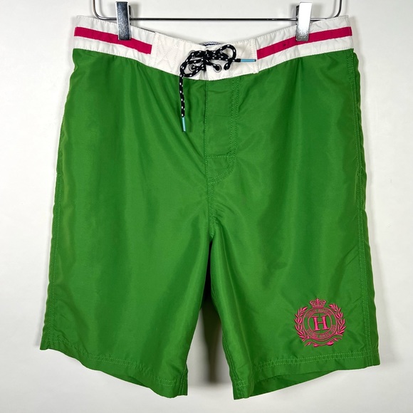 Tommy Hilfiger Men's Green Swim Suit Trunk M Surf Board Shorts Pink Crest - Picture 1 of 6